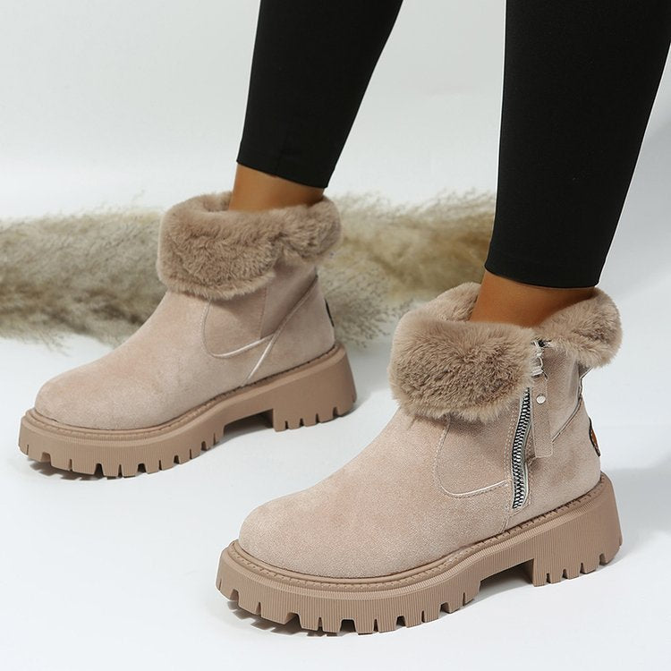Short Thick Soled round Toe Snow Boots Women Vintage Fleece-Lined Thickening Thermal Cotton Shoes