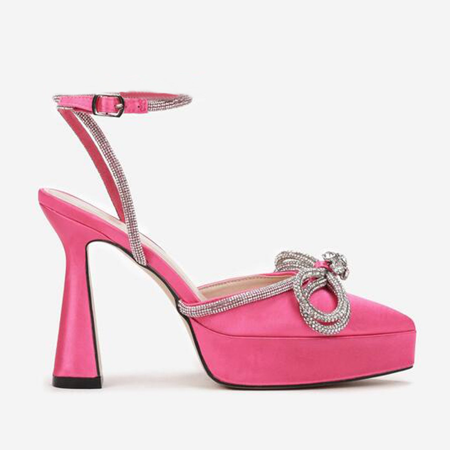 Thick High Heel 13cm Transparent Pink Black Bow Rhinestone Waterproof Platform Pointed Pumps Women