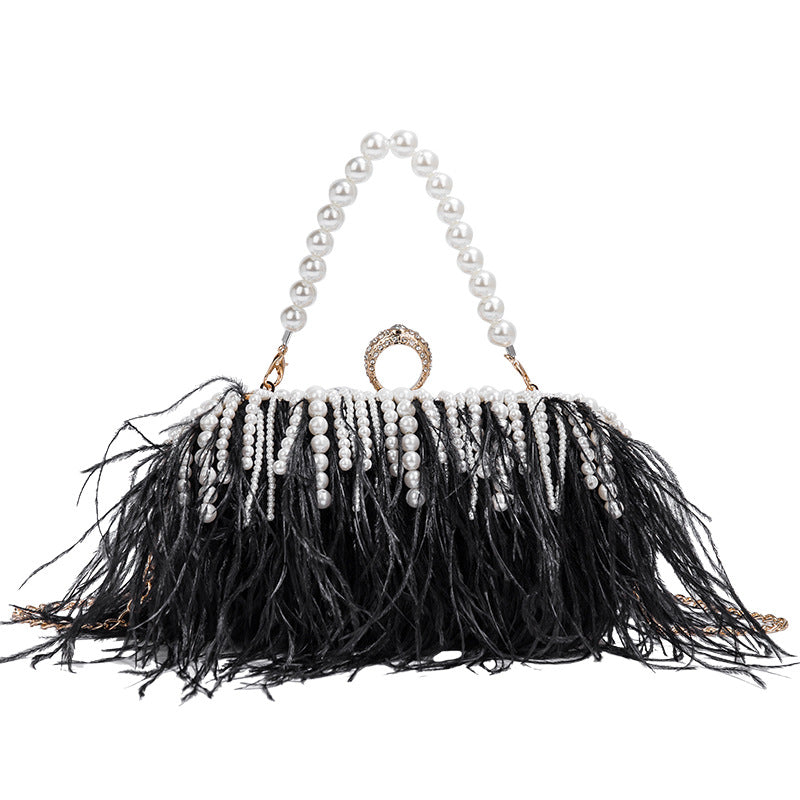 Ostrich Feather Ring Box Bag Women Pearl Chain Crossbody Single Shoulder Fluff Women Bag