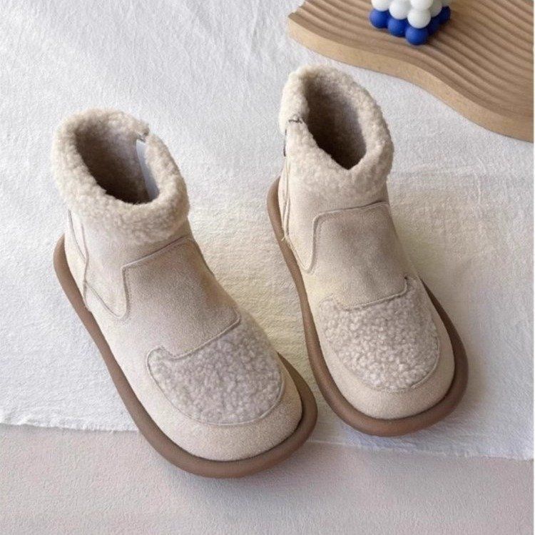 Soft Bottom Fur Mouth Side Zip Short Boots Women Thick Bottom Fleece Lined round Toe Color Blocking Ankle Boots