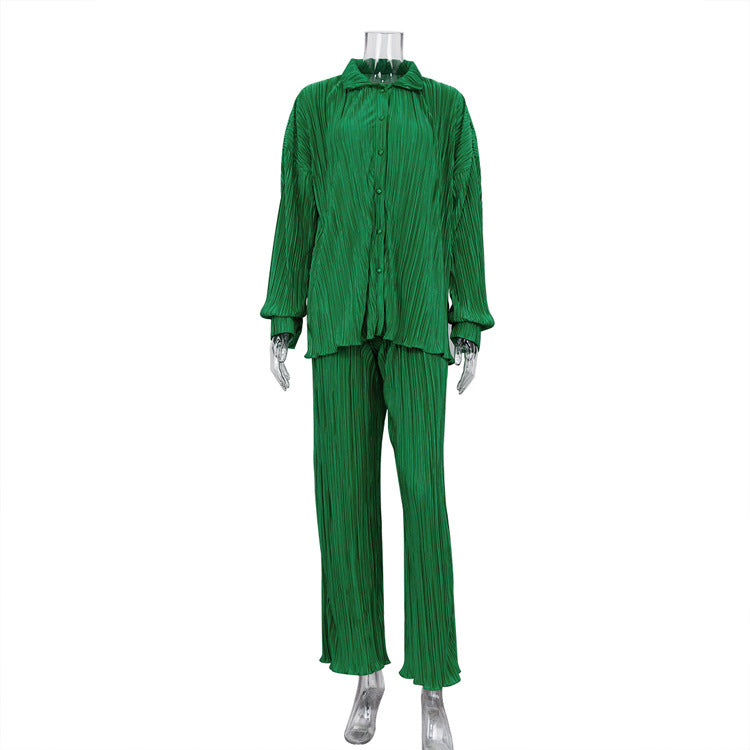 Women Clothing Long Sleeve Loose Fitting Pleated Wide Leg Pants Two Piece Set Autumn Sexy Retro Design Casual Suit