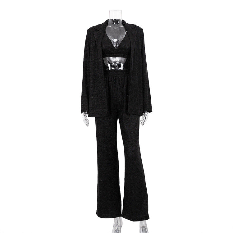 Women Clothing Glitter Three Piece Set Sexy Party Long Sleeve Suit Top High Waist Trousers Suit