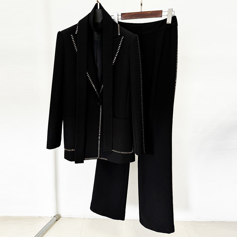 Scarf Drilling Loose Blazer Trousers Suit Two Pieces Set