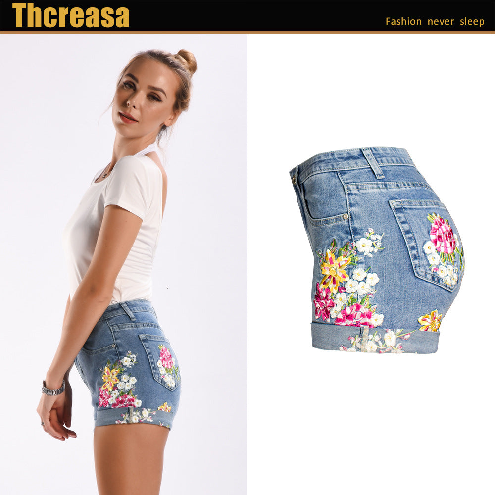 Women Clothing Wide Leg Stretch Shorts plus Size Women Clothing 3D Exquisite Embroidered Floral Denim Shorts Women