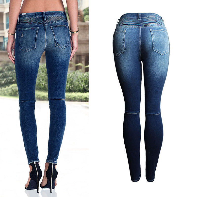 Women Clothing Ripped Slim Fit Stretch Slimming Mid Waist Women Denim Pencil Pants Style