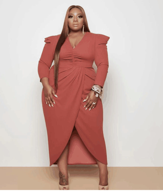 Plus Size Autumn Women Clothing Dress V-neck Asymmetric Skirt Long Sleeve Solid Color Split Dress