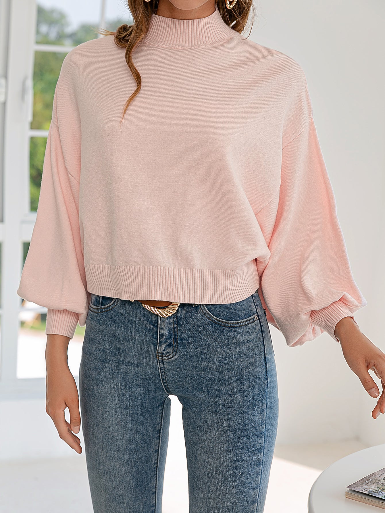 Lantern Sleeve Light Pink Women Sweater Lady Autumn Winter Soft Pullovers Short