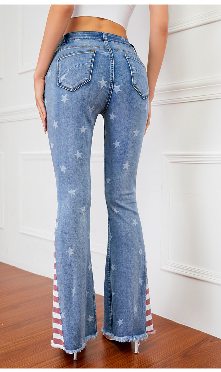 Color Matching Women Striped Jeans Printed Pattern Mop Trousers Bell-Bottom Pants Women Spring Autumn