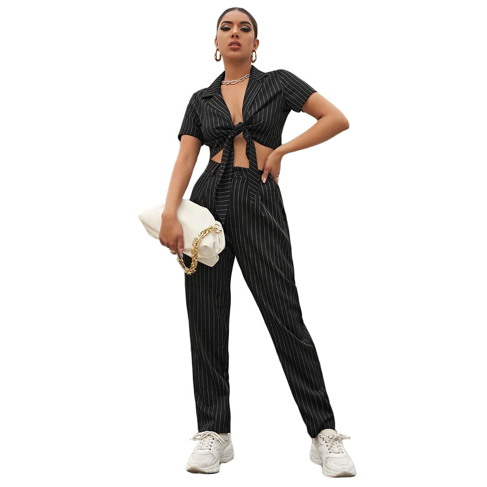 Lapel Lace up Short Women Casual Striped Slim Short-Sleeved