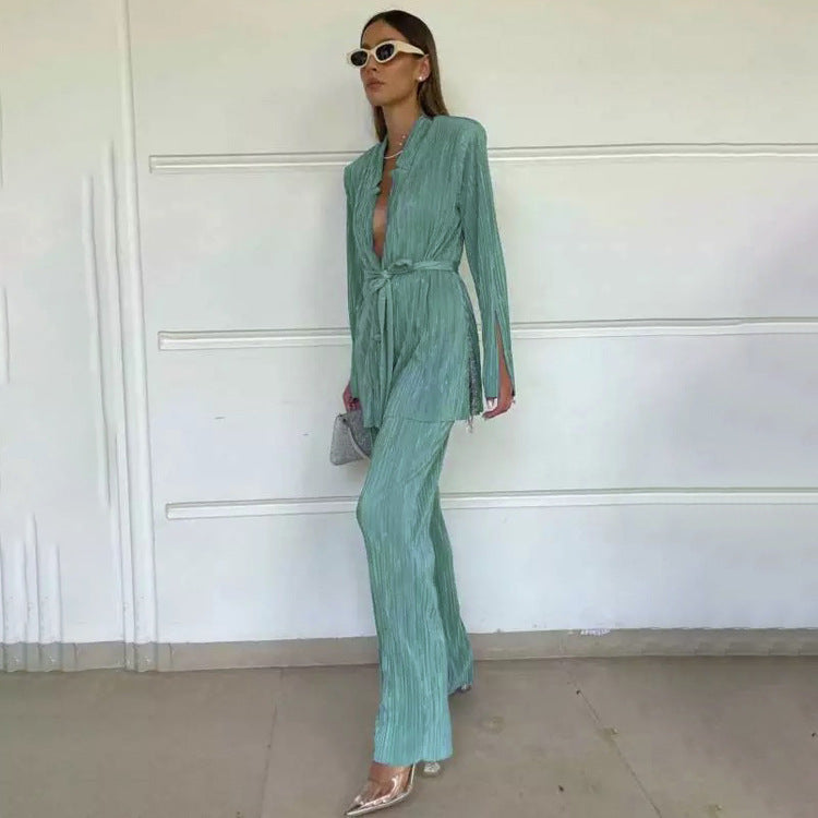Early Autumn Women Clothing Suit Matching Split Sleeve Lace up Shirt Pleated Pants Two Piece Set