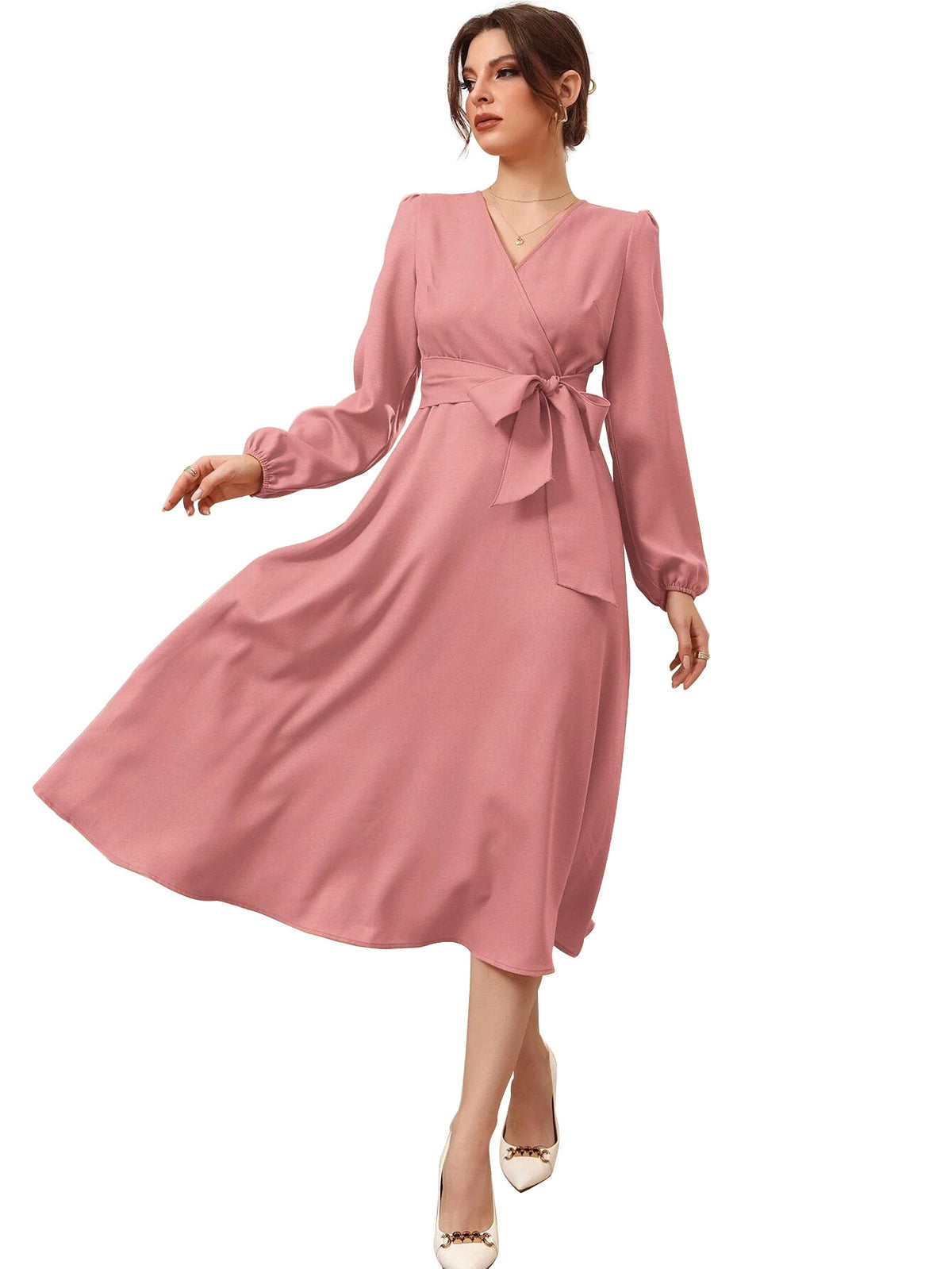 Bubble Sleeve Belt V-neck Long Sleeve Large Women Midi Dress Spring Summer