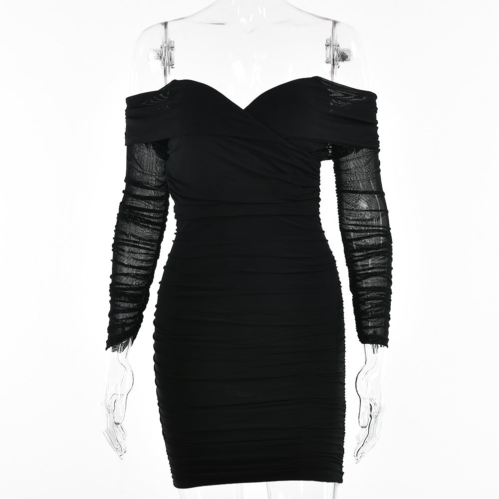 Sexy V-neck Tube Top off-Shoulder sexy Short Summer Backless See-through Long Sleeve Tight Dress