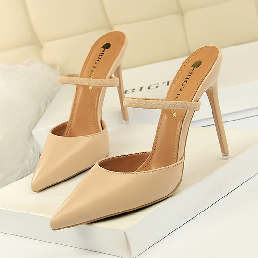 Simple Closed Toe Slippers Stiletto Heel Shallow Mouth Pointed Toe Hollow Out Cutout out Strap Women Slippers