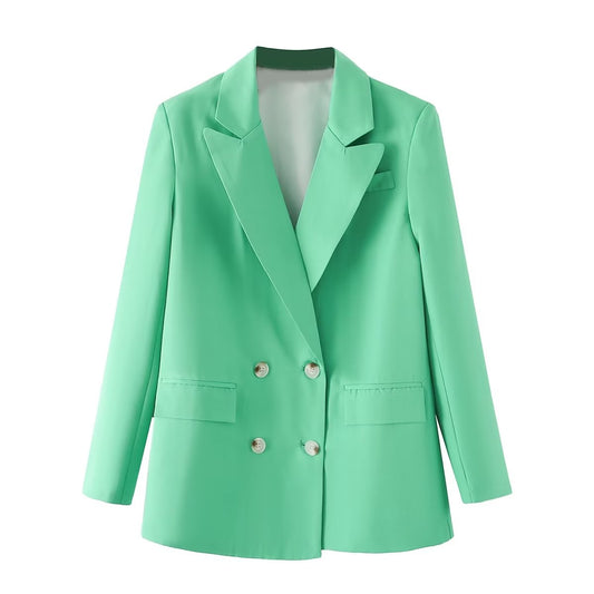 Spring Summer Elegant Slightly Mature Solid Color Long-Sleeved Coat Polo Collar Double Row Metal Buckle Women Clothing