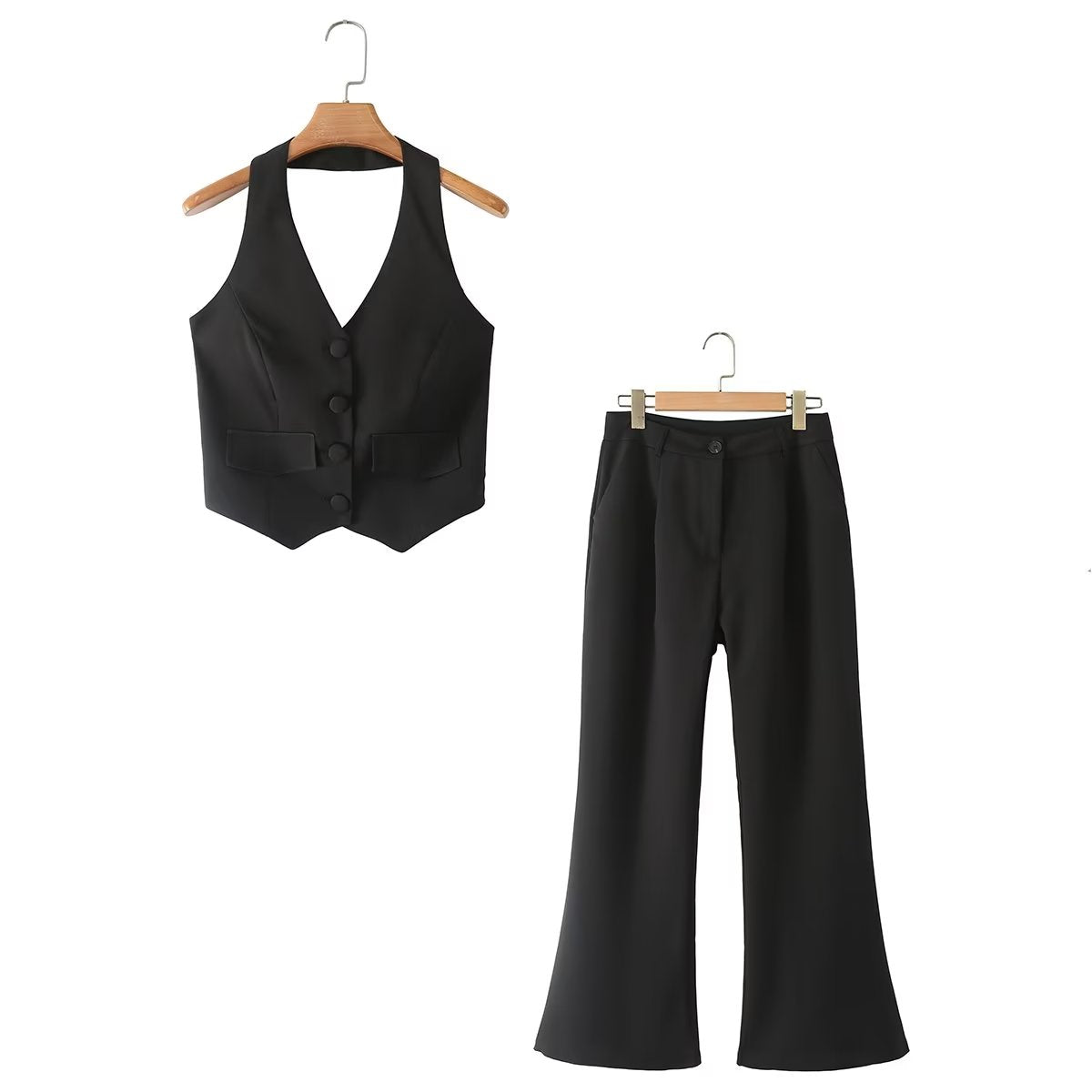 High Waist Slim Black Waistcoat Trousers Suit Flared Trousers