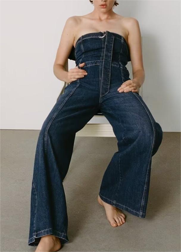 Women Clothing French Slim Fit off the Shoulder Tube Top Denim Jumpsuit