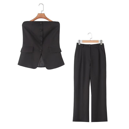 Dark Blouse Pants Autumn Tube Top Short Type Vest High Waist Solid Color Wide Leg Trousers