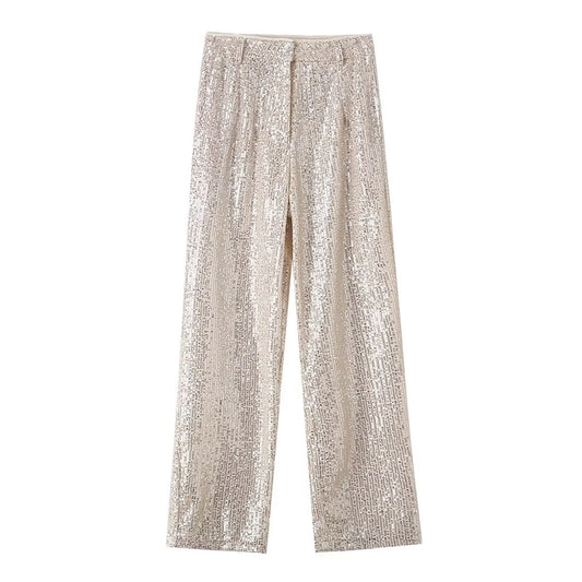 Spring Women Clothing Solid Color Sequ Loose Casual Straight Pants Trousers