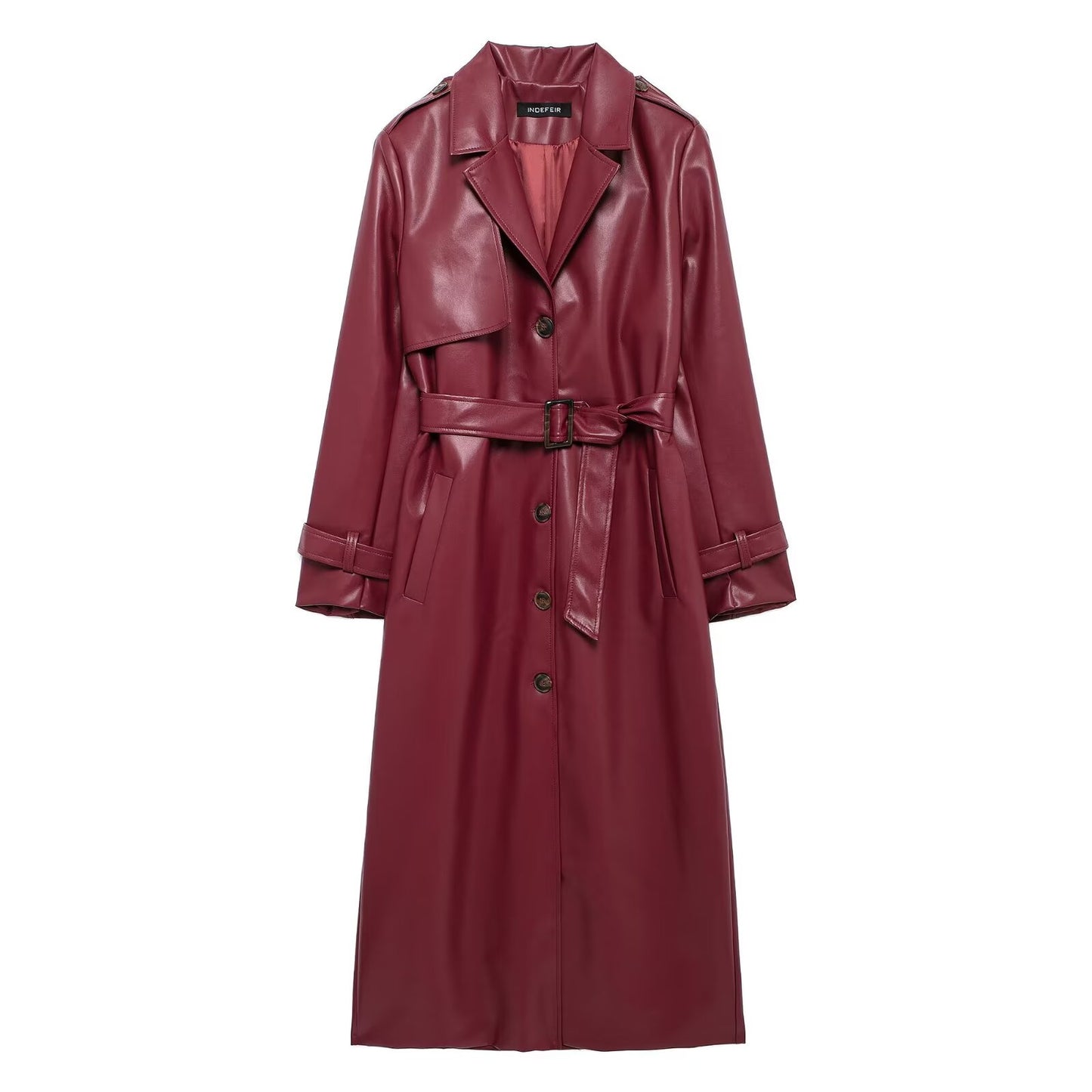 Women Clothing Women Motorcycle Long Leather Coat Waistband Long Leather Coat