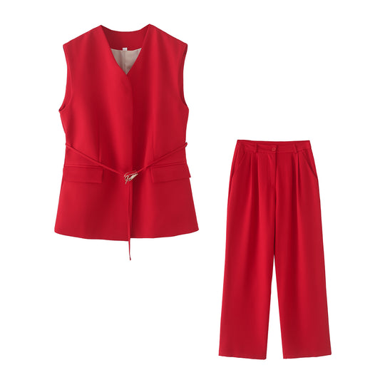 Spring Solid Color V neck Lace up Vest Pleated Casual Trousers Two Piece Sets Women