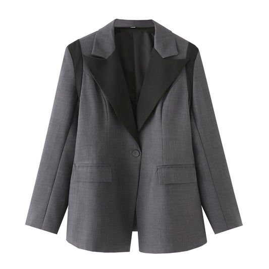 Women Clothing Spring Fashionable Heather Gray Wide Shoulder Color Matching Blazer