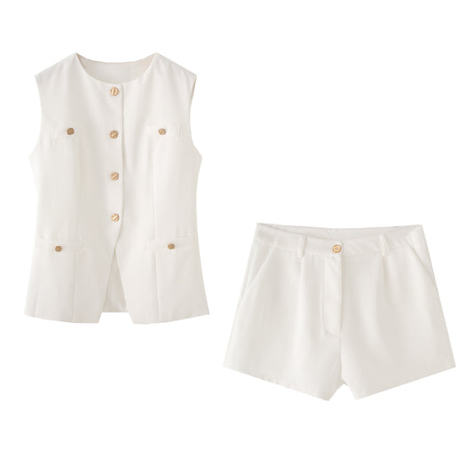 Summer round Neck Single Breasted Sleeveless Short Vest Casual Pants Elite Two Piece Sets