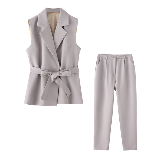 Spring Autumn Women Belt Slim Collar Vest Casual Slimming Trousers Two Piece Sets