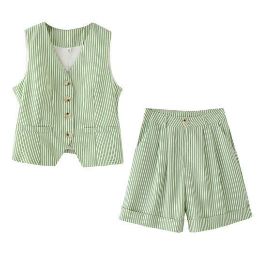 Summer Striped Vest Striped Shorts Two Piece Sets Women