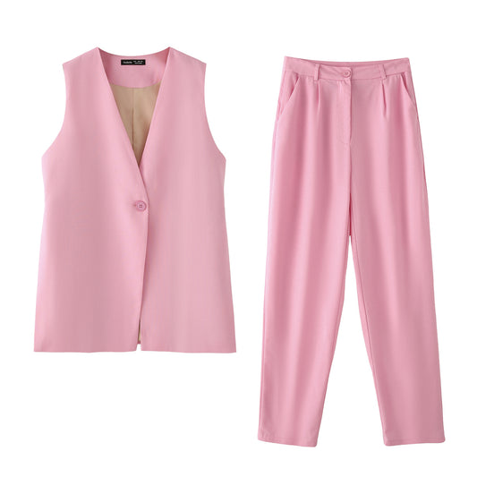 Summer Women Casual Pink One Button Vest Two Piece Sets