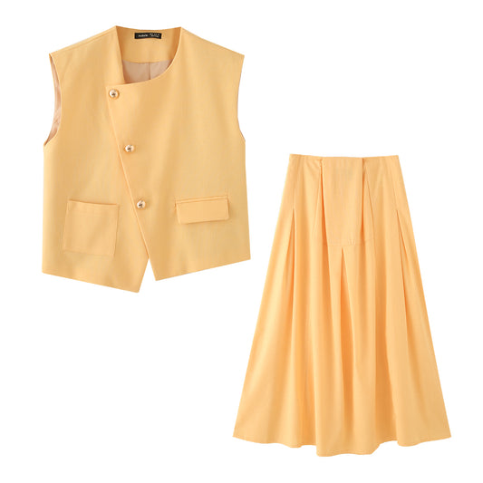 Summer Street Irregular Asymmetric Metal Buckle Vest Mid Length Skirt Two Piece Sets Women