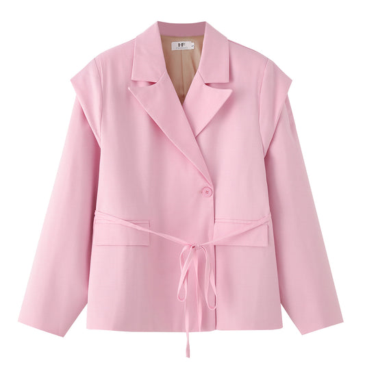 Women Clothing Autumn Waist Controlled Lace up Solid Color Casual Blazer Women