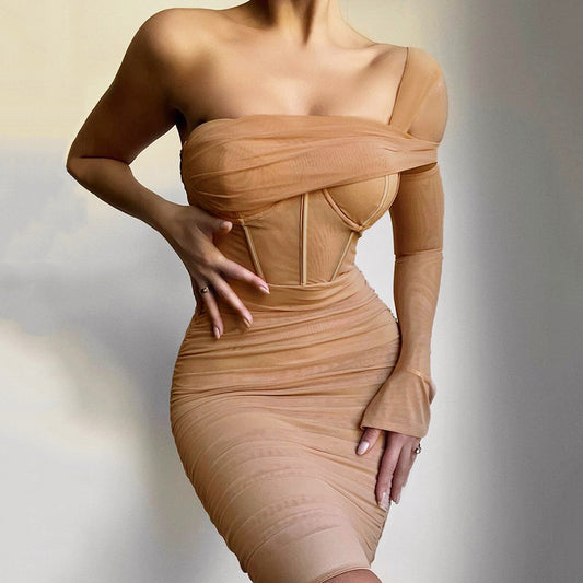 Summer Women Dress Mesh See-through Slant Shoulder Boning Corset Boning Corset Pleated Midi Dress