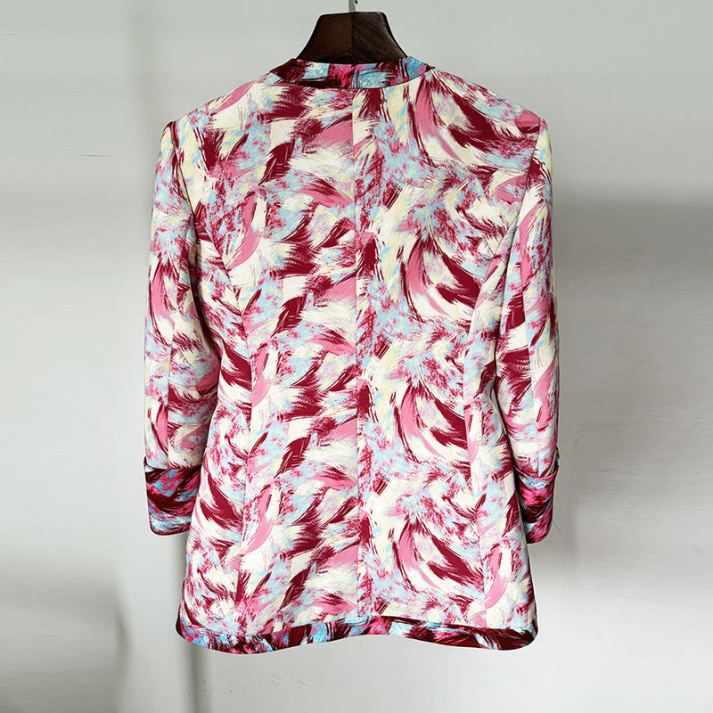 Feather Print Collarless Blazer Bootcut Pants