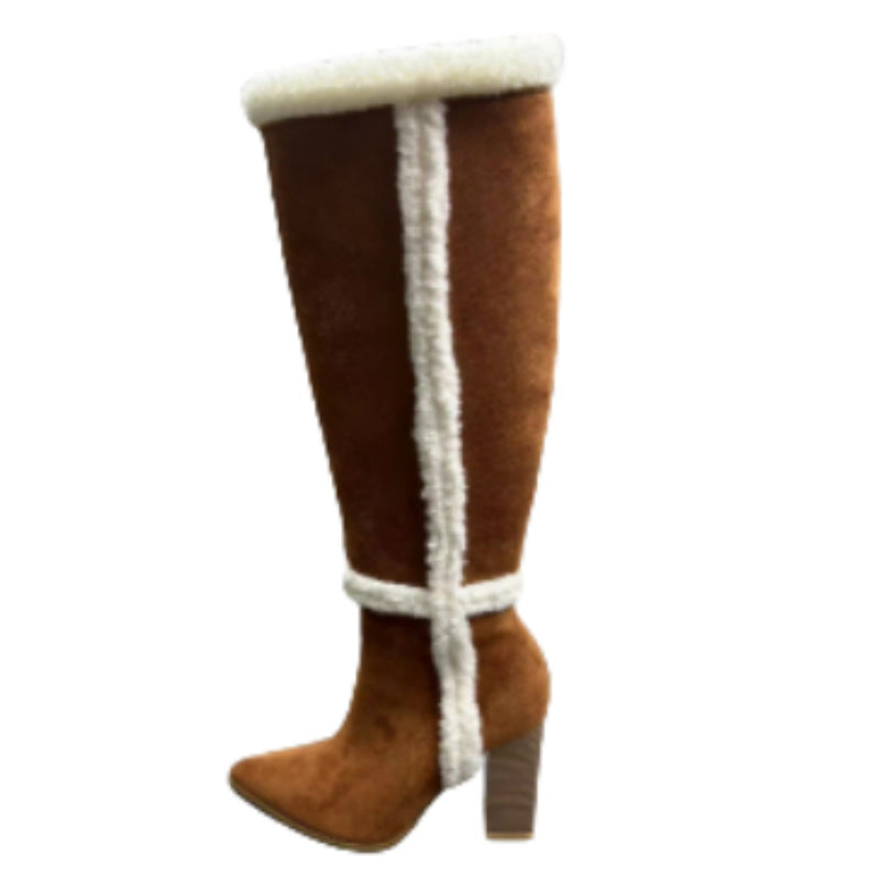 Lamb Fur Snow Boots Women Brown Suede Knight Boots Thick Heel Pointed below the Knee Long Boots High