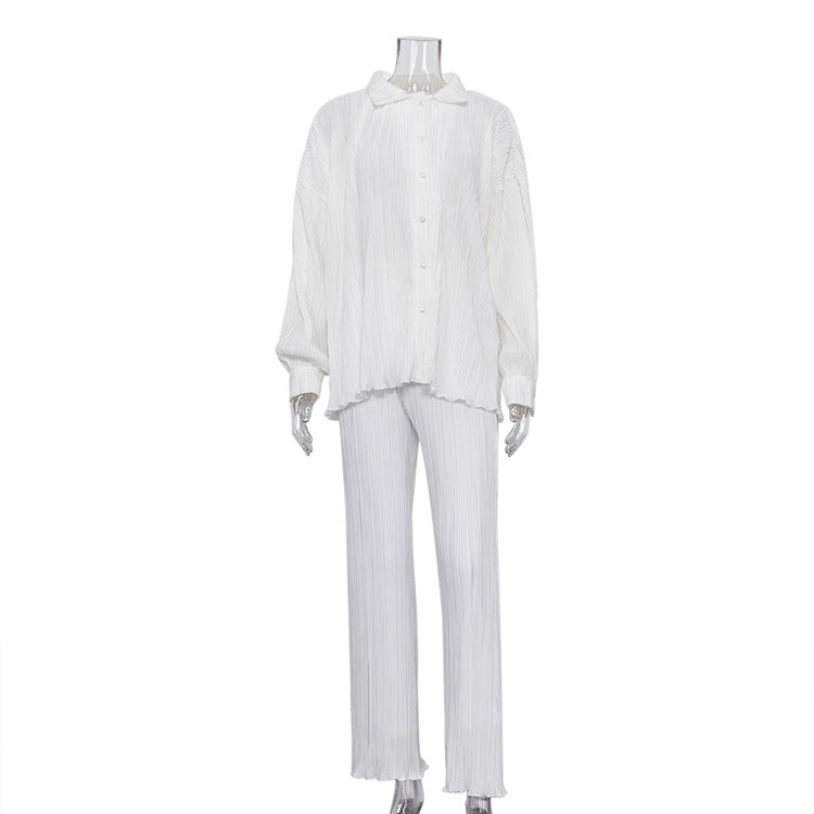 Women Clothing  Long Sleeve Loose Fitting Pleated Wide Leg Pants Two Piece Set Autumn Sexy Retro Design Casual Suit