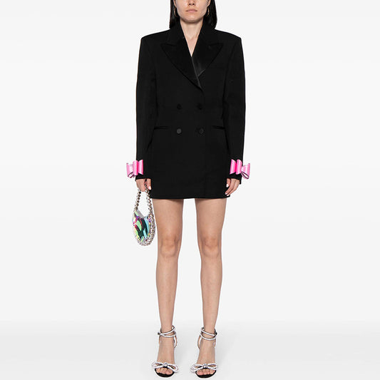 Star Double Breasted Satin Collar Bow Long Blazer Dress