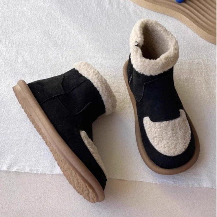 Soft Bottom Fur Mouth Side Zip Short Boots Women Thick Bottom Fleece Lined round Toe Color Blocking Ankle Boots