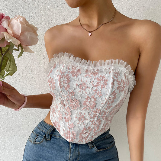 Sexy Sexy Lac.e Up Diamond Boning Corset Floral Lace Stringy Selvedge Backless Corset Tube Top