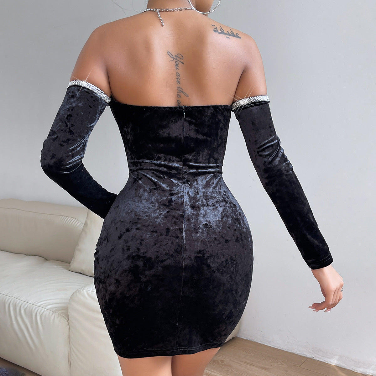Women Clothing Dress High Grade Sequined Satin Long Sleeve Boning Corset Slim Fit Sheath Dress