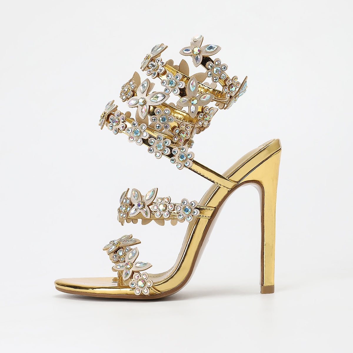 Black Gold 11cm Stiletto Heel Small round Toe Satin Surface Rhinestone High Heeled Sandals Summer Rivet Heels