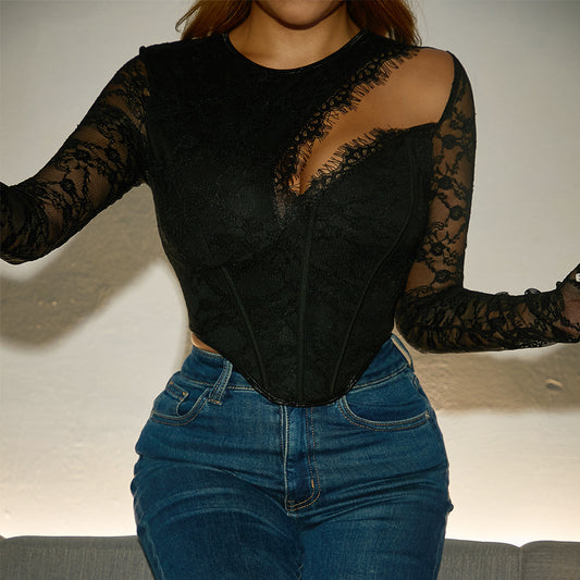 Design Lace Eyelash Lace Cutout Boning Corset Long Sleeve Round Neck Rhombus Slim Top