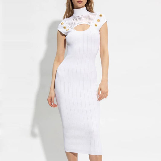 Summer Slim Fit Slimming Mid Length Back Hollow Out Cutout Sexy round Neck Knitted Dress for Women