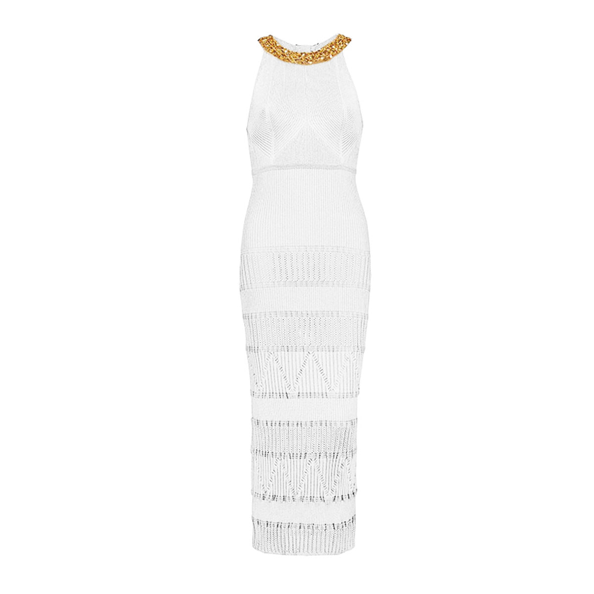Summer Sleeveless round Neck Bead Heavy Industry Slim Fit Long Knitted Elastic Dress Slimming Maxi Dress