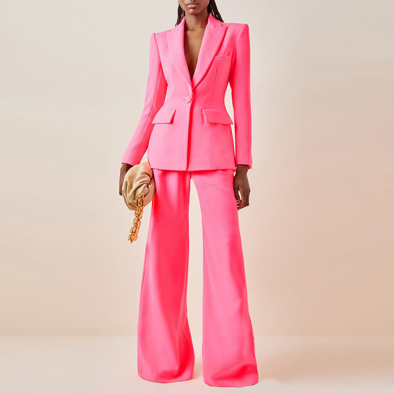 Business Wear One Button Slim Blazer Bell Bottom Pants Two Piece Set