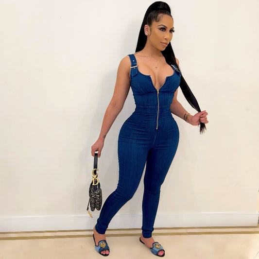 Summer Women Clothing High Elastic Suspender Pants Denim Jumpsuit