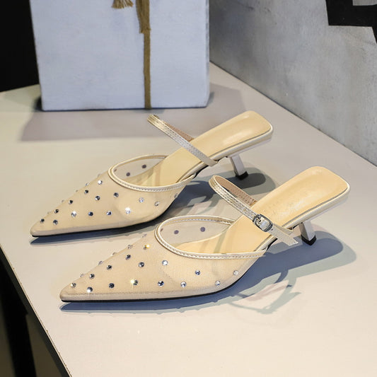 French Mesh Lace Pointed Toe Stiletto Toe Box Rhinestone Slippers Outer Wear Hollow Out Cutout Sexy Strap Half Slippers