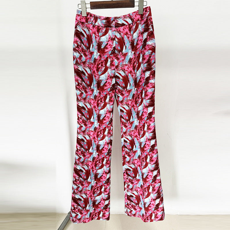 Feather Print Collarless Blazer Bootcut Pants
