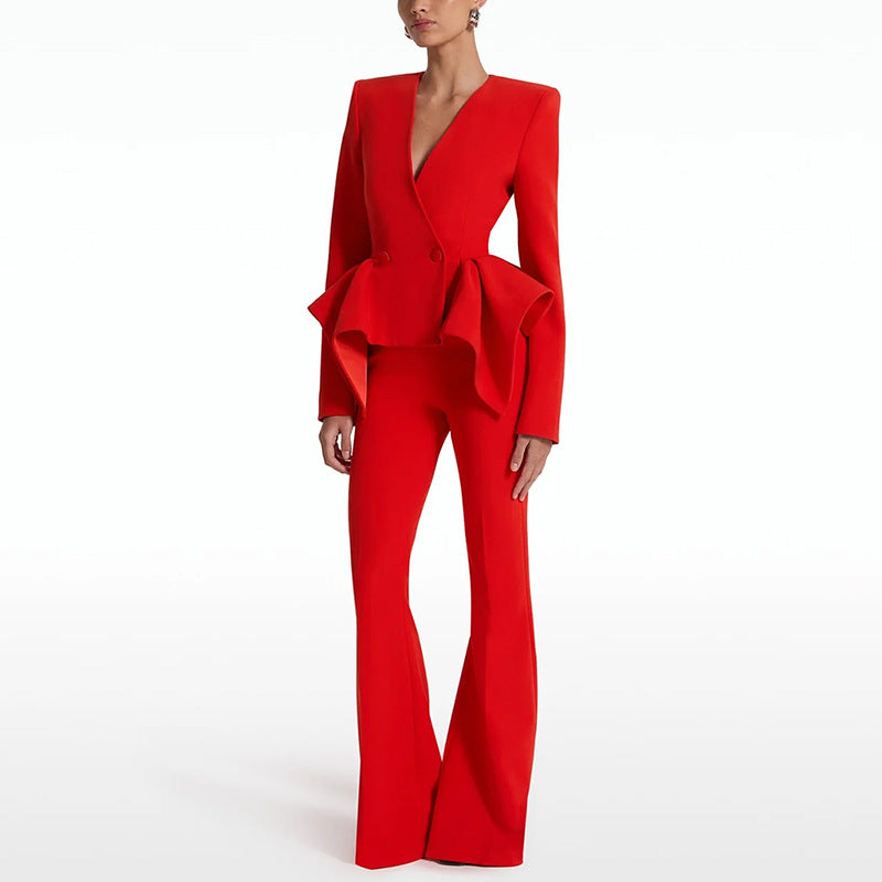 Designer Lotus Leaf Swing Slim Top Jacket Bootcut Pants Two Piece Set