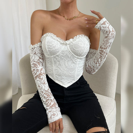 Sexy Lace Steel Ring Boning Corset Diamond Long Sleeve Solid Color Tube Top