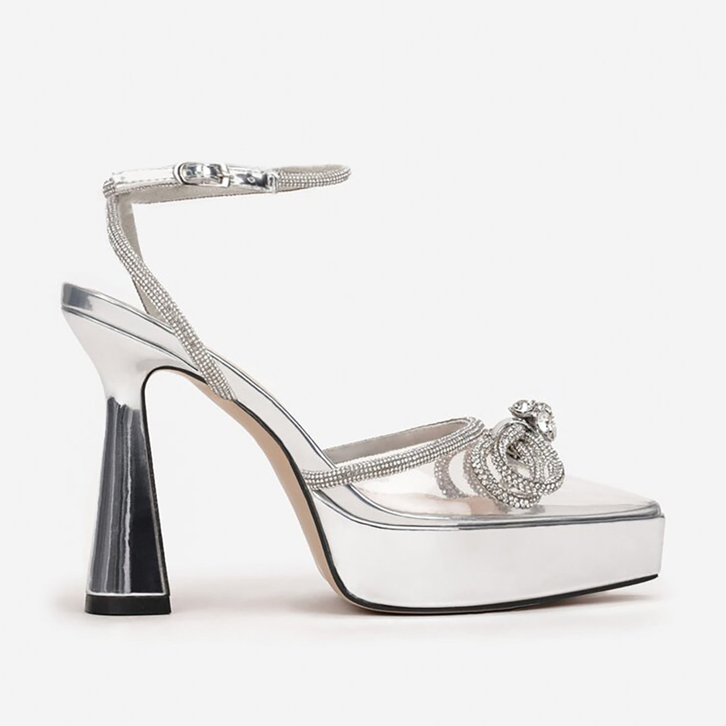 Thick High Heel 13cm Transparent Pink Black Bow Rhinestone Waterproof Platform Pointed Pumps Women